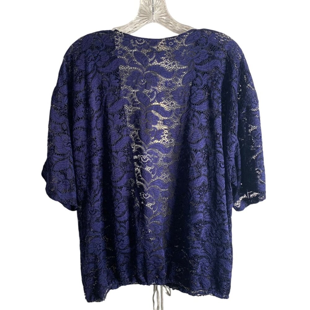 •SOLD•H.I.P. Navy Blue & Gray Lace Drawstring Hem Open Front Women's Kimono 1X - Picture 7 of 8